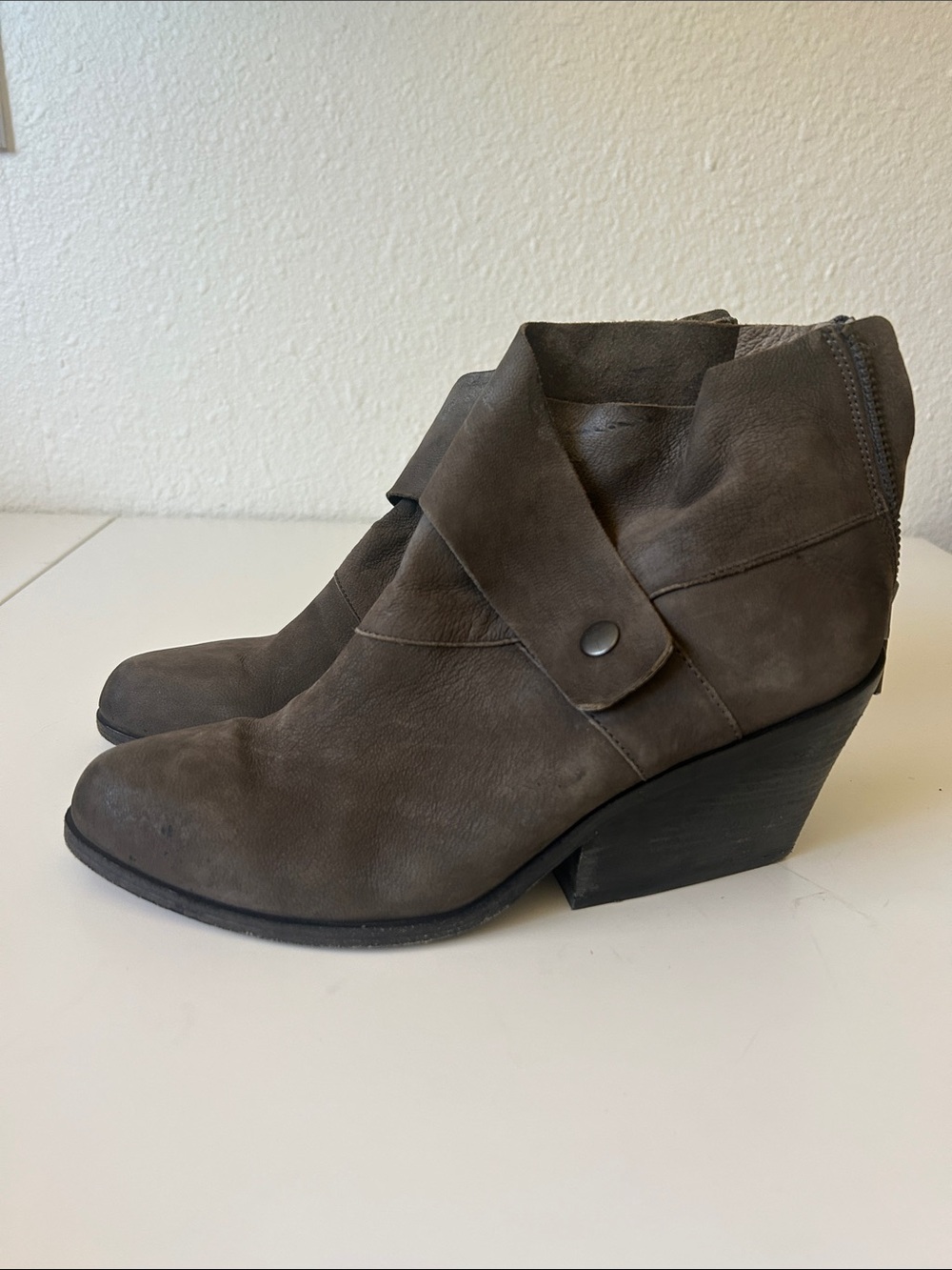 Eileen Fisher Taupe-Brown Leather Ankle Booties with Side Strap
